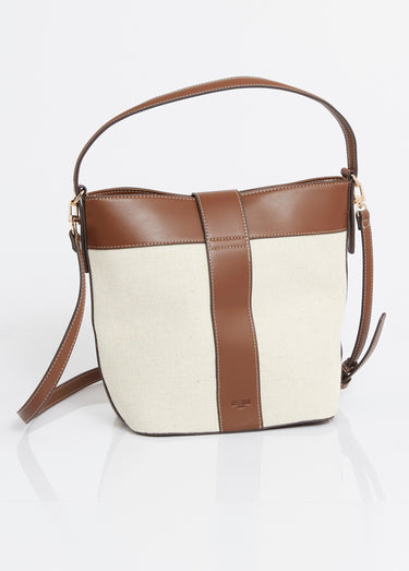 Sac seau chic, toile et simili cuir Camel
