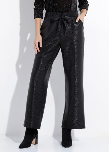 Pantalon ample brillant taille ceinturée Noir Brillant