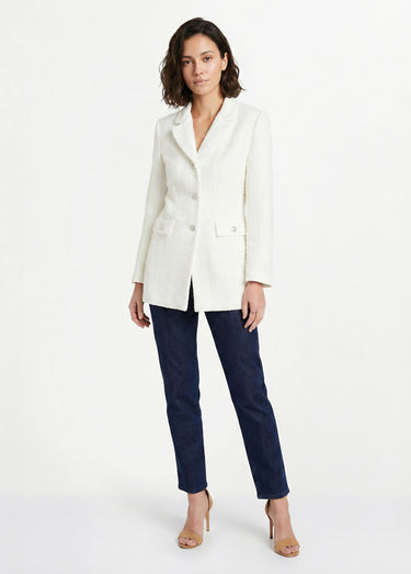 Veste droite boutonnée tissu natté col tailleur Ivoire