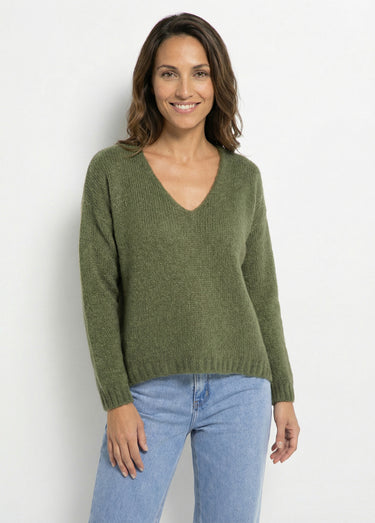 Pull chaud col V en maille avec mohair Kaki