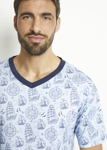 Pyjama short col V jersey coton Bleu Marine
