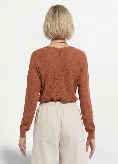Pull maille ajourée col V Noisette
