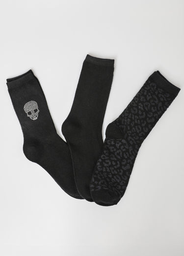 Lot de 3 Chaussettes dont motifs strass Noir/Leopard
