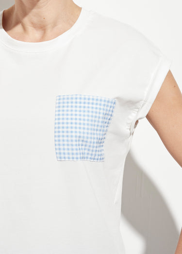 T-shirt coton manches kimono poche vichy Blanc