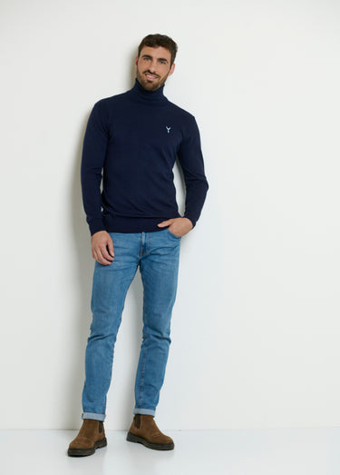 Pull col roulé chiné fine jauge Bleu Marine
