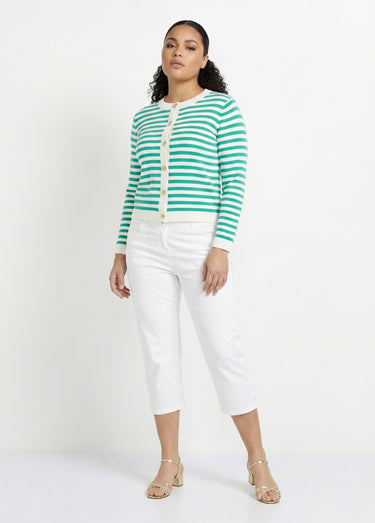 Gilet cardigan court col rond rayé boutonné Raye Vert