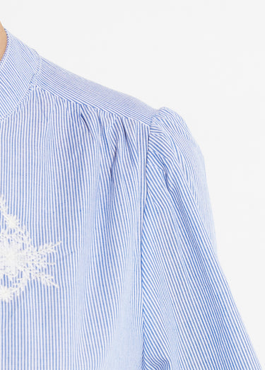 Chemisier rayé col rond et broderies Bleu