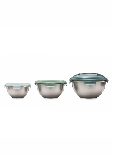Set 3 bols acier inox, diam. 20/24/28 cm Vert / Gris