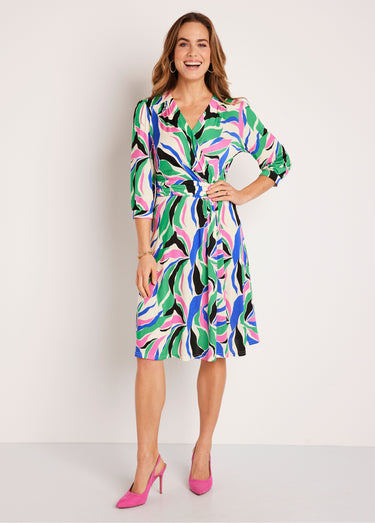 Robe maille courte évasée motif graphique Bleu/Rose