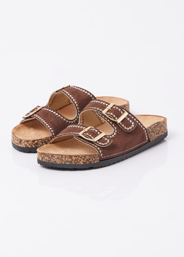 Mules folk à boucles, semelle type liège Marron
