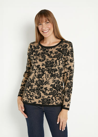 Pull chaud jacquard fleuri brillant col rond Dore/Noir