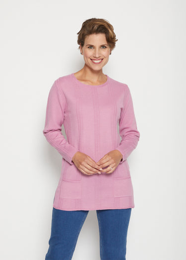 Pull tunique long en jersey quadrillé Rose Buvard