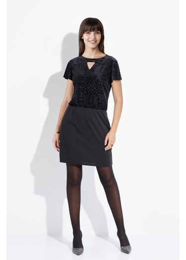 Robe droite chic velours devoré et maille Noir