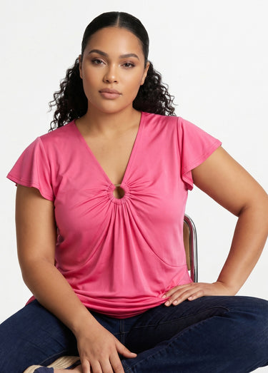 T-shirt long évasé col V drapé Uni Fuchsia