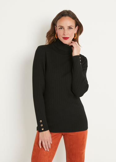 Pull doux côtelé court col roulé côtes plates Noir