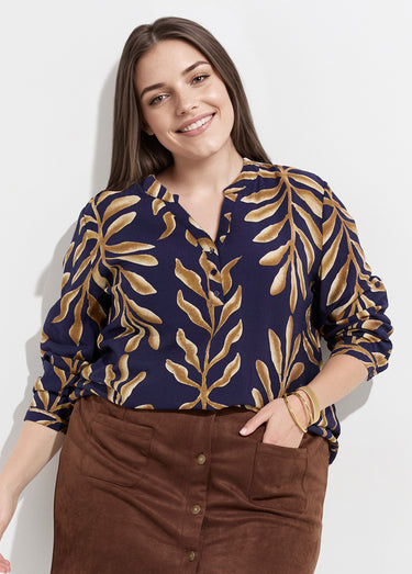 Tunique col V boutonné, motif feuilles Marine/Beige
