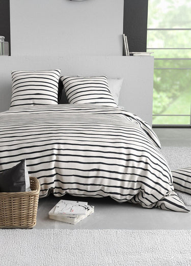 Parure de lit polycoton 2 pers, rayures Blanc / Noir