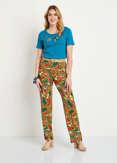 Pantalon ceinture élastiquée motif feuillage Vert/Rouge