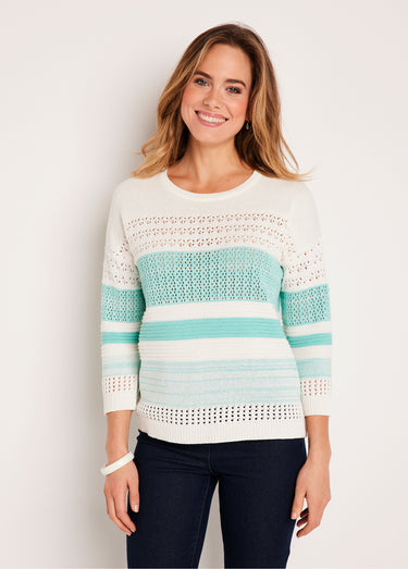 Pull ajouré manches 3/4 coton Aqua