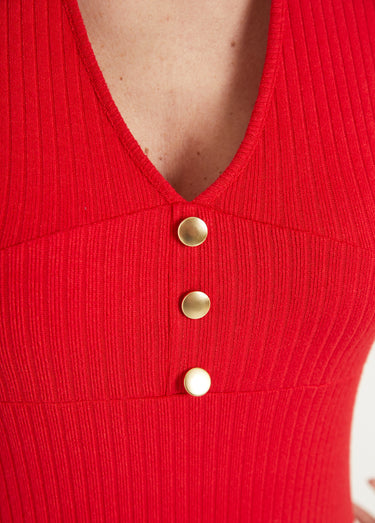 Robe unie courte col V en maille côtelée Rouge