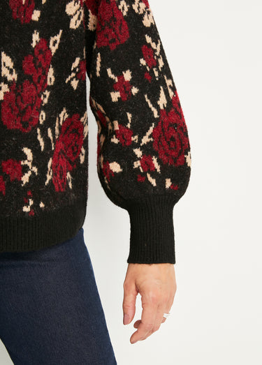 Pull chaud col montant raglan jacquard fleuri Noir/Rouge