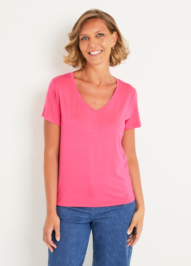 T-shirt fluide col V manches courtes Fuchsia