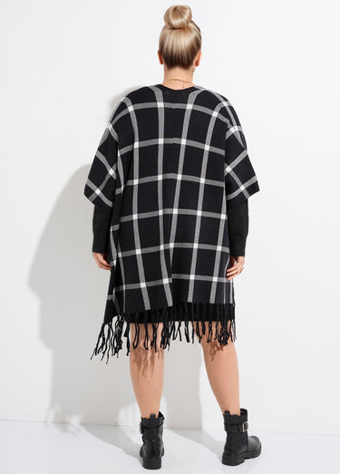 Poncho cape en maille, motif carreaux Carreaux Noir