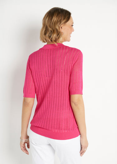 Pull fin col polo ajouré manches courtes Fuchsia