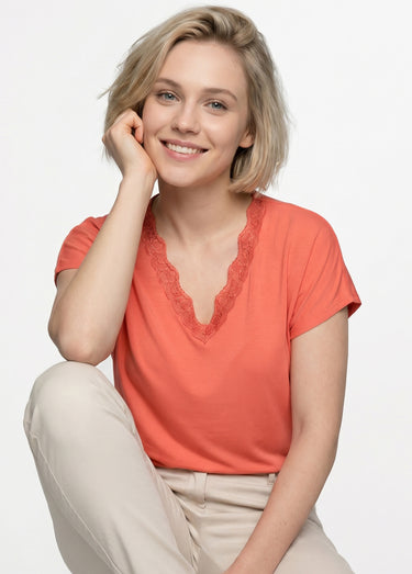 T-shirt court extensible dentelle Corail
