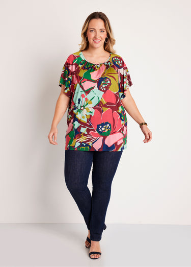 T-shirt long ample uni ou fleuri Rose/Vert