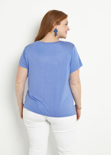 T-shirt coton brodé ajouré col rond Lavande