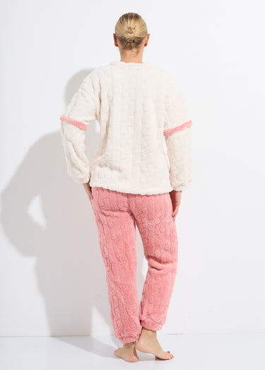 Pyjama 2 pièces polaire, motif cotelé Ecru/Rose