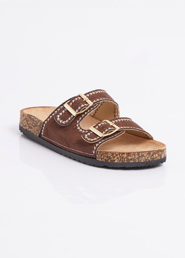 Mules folk à boucles, semelle type liège Marron