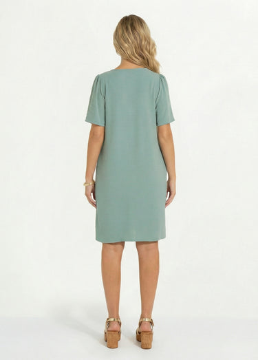 Robe droite courte col V festonné Vert Sauge