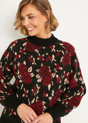 Pull chaud col montant raglan jacquard fleuri Noir/Rouge