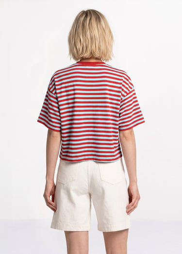 T-shirt col rond, rayures contrastées Rouge/bleu ciel