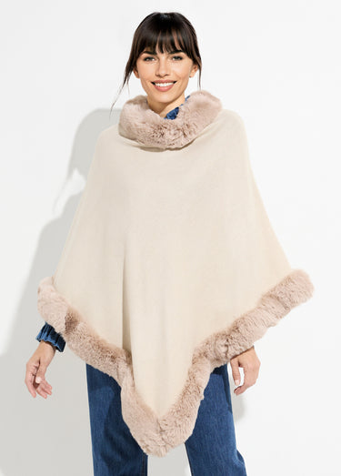Poncho cape, bord fourrure ton sur ton Ecru