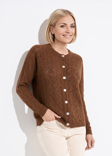 Gilet boutonné ajouré avec laine et cachemire Noisette