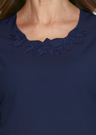 Top long manches courtes broderies col rond Marine