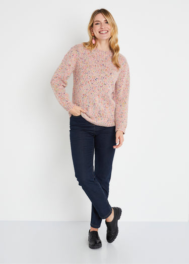 Pull chaud mouliné col rond avec laine et mohair Rose/Vert