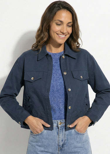 Veste courte en denim, détails ajourés Marine