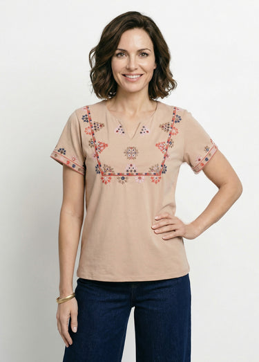 T-shirt manches courtes plastron brodé Beige