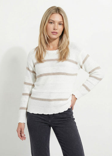 Pull doux rayé col rond maille fantaisie Écru / Doré