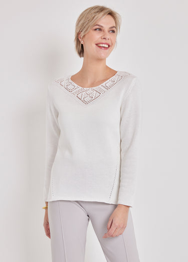 Pull manches longues mailles fantaisie Blanc