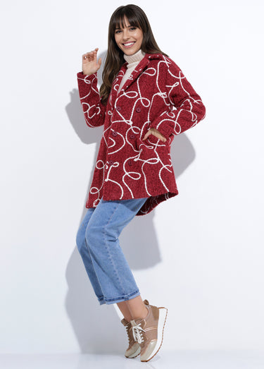 Caban long fantaisie type laine bouillie Bordeaux