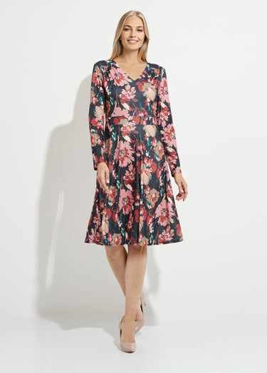 Robe courte évasée col V imprimé fleuri Marine/Beige