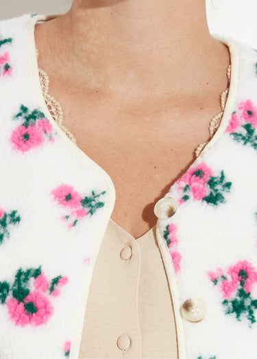 Gilet de berger sans manches, fleuri Ecru/Rose