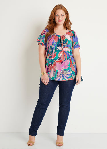 T-shirt ample long fleuri manches courtes Rose/Vert