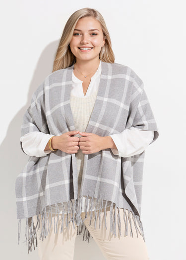 Poncho cape en maille, motif carreaux Carreaux Gris