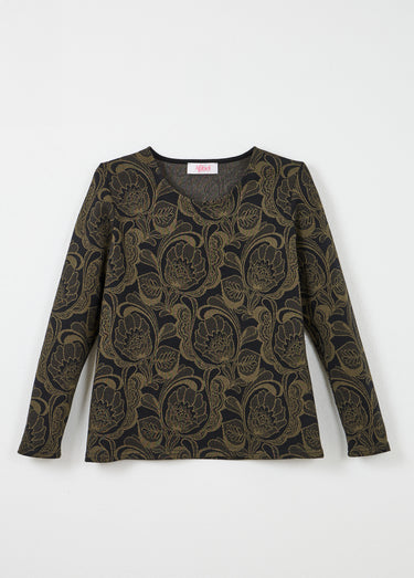 T-shirt jacquard fleuri col rond Noir/Camel